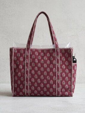 Floral Block Printed Tote Bag, Cotton Quilted Travel Bag, Eco Friendly Tote Bag
